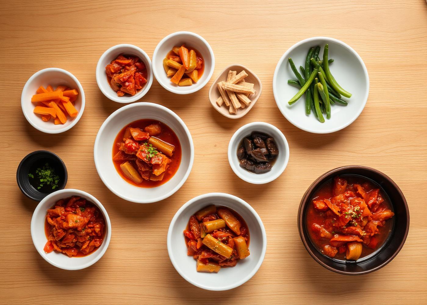 Banchan spread on wood table