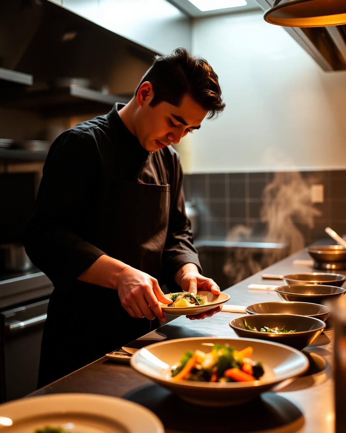 Chef plating a dish in the open kitchen
