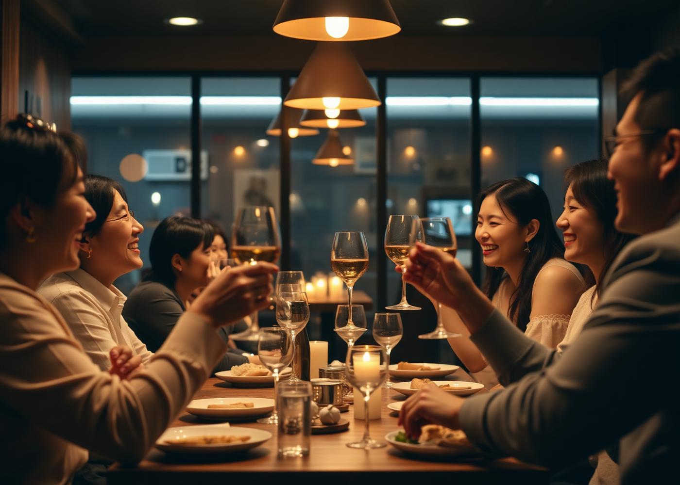 Guests toasting at a shared table